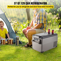 Bostome 37 quart portable car refrigerator with dual zones for organized food storage.