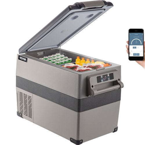 Bostome 48QT Portable Car Refrigerator Freezer with dual zones and digital control panel.