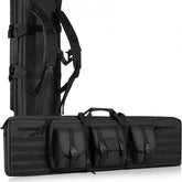 Black 36-inch tactical double rifle bag with lockable zippers, MOLLE pouches, and padded straps.