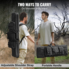Black 36-inch tactical double rifle bag with lockable zipper, shown carried by shoulder strap or handle by two men.