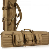 Brown 36-inch tactical double rifle bag made of durable 600D polyester with multiple pockets.