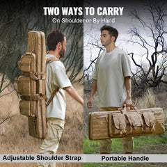 Brown 36-inch tactical double rifle bag made of durable 600D polyester with multiple pockets.