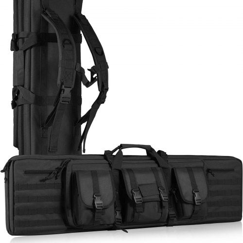 Black 42-inch tactical double rifle range bag with MOLLE webbing and multiple pockets.
