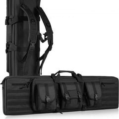 Black 42-inch tactical double rifle range bag with MOLLE webbing and multiple pockets.