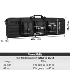 Black 42-inch tactical double rifle bag with MOLLE webbing, pockets, and size labels.