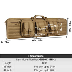 Brown 42-inch tactical double rifle bag made of durable 600D polyester with multiple compartments.