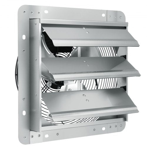 A 12-inch silver aluminum shutter exhaust fan with wall mount frame and visible blades.