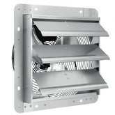 A 12-inch silver aluminum shutter exhaust fan with wall mount frame and visible blades.