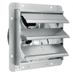 A 12-inch silver aluminum shutter exhaust fan with wall mount frame and visible blades.