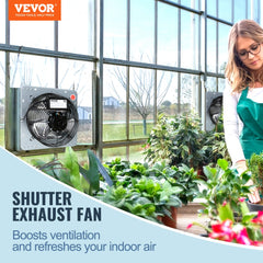 A 12-inch aluminum shutter exhaust fan mounted on a greenhouse wall, surrounded by plants.