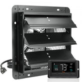 A black 12-inch shutter exhaust fan with EC motor and digital temperature display controller.
