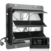 14-inch shutter exhaust fan with silver blades and digital temperature humidity controller.