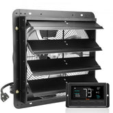 16-inch shutter exhaust fan with EC motor and temperature/humidity control features.