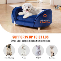 Bostome Velvet Pet Sofa in gray with plush padding and wooden legs for medium pets.
