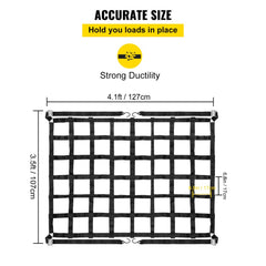 Heavy-duty truck bed cargo net measuring 3.5x4.1ft with adjustable S-hooks for secure cargo.