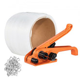 Bostome Banding Strapping Kit with woven cord, tensioner tool, and 100 seals for secure packaging.