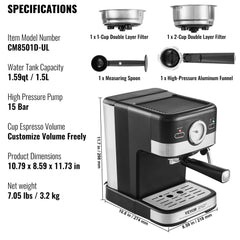 Bostome 15 Bar Semi-Automatic Espresso Machine with milk frother and NTC control gauge.