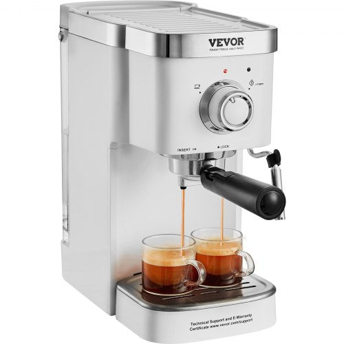 Compact white Bostome 15-bar semi-automatic espresso machine with milk frother brewing two cups of coffee.