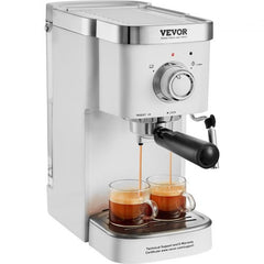 Compact white Bostome 15-bar semi-automatic espresso machine with milk frother brewing two cups of coffee.