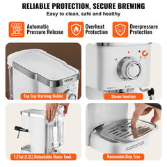 White Bostome 15-bar semi-automatic espresso machine with milk frother, detachable water tank, and drip tray.