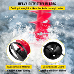 Red 6-inch nylon ice drill auger with 39-inch bit, steel blades, and black guard.