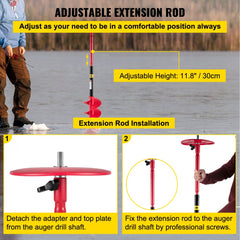 Red adjustable extension rod for ice auger, 11.8 inches tall, shown installed on drill shaft.