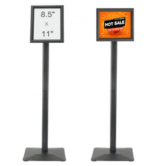 Black adjustable floor stand for 8.5x11 signs with a weighted metal base and easy snap frame.