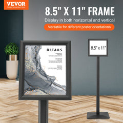 Black adjustable floor stand for 8.5x11 signs with a stable weighted base and easy snap frame.