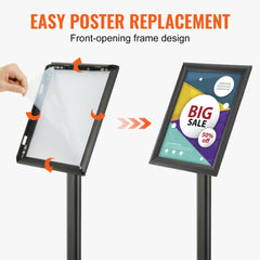 Black adjustable floor stand for 8.5x11 signs with a weighted metal base and snap frame design.