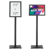 Two black adjustable pedestal sign holders: one with 11x17 inch blank frame, one with colorful digital display.