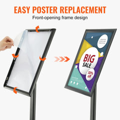 Black metal pedestal sign holder with adjustable tilt and snap-open frame for 11x17 posters.