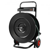 Black steel strapping dispenser cart with green PET/PP roll on wheels for 16"/8" cores.