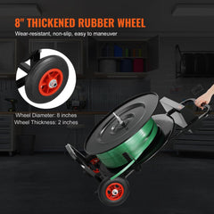Bostome strapping dispenser cart with 8-inch red rubber wheels and green PET/PP strapping roll.