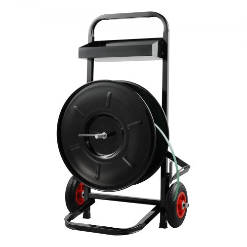 Bostome strapping dispenser banding cart with an 8" core for PET and PP straps, featuring large wheels.