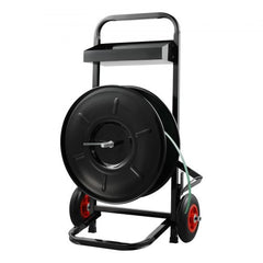 Bostome strapping dispenser banding cart with an 8" core for PET and PP straps, featuring large wheels.