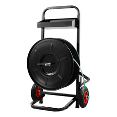 Bostome strapping dispenser banding cart with 8" core for PET and PP straps, featuring sturdy wheels.