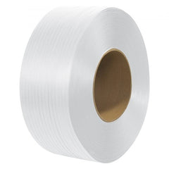 White PP strapping roll, 1/2 inch wide by 0.03 inch thick, 9900 feet long.