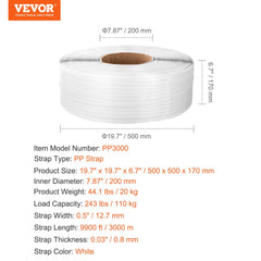 White PP strapping roll, 1/2 inch wide by 0.03 inch thick, 9900 feet long, 243 lbs load capacity.