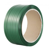 Green PET strapping roll, 0.63 inches wide, 0.03 inches thick, 1000 feet long.