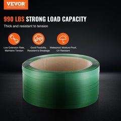 Green PET strapping roll, 0.63 inches wide, 0.03 inches thick, 1000 feet long.