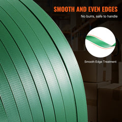 Green PET strapping roll, 0.63 inches wide, 0.03 inches thick, 1000 feet long, with smooth edges.