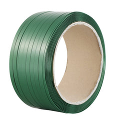Green PET strapping roll, 0.63 inches wide, 0.03 inches thick, 1000 feet long.