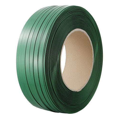 Green PET strapping roll, 0.63 inches wide, 0.03 inches thick, 4000 feet long.