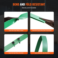 Green PET strapping roll demonstrating bend, fold, and punch resistance without cracking.