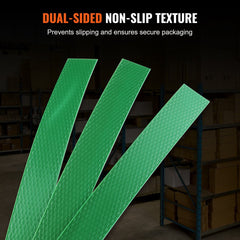 Green PET strapping roll with non-slip texture, shown as multiple strips in a warehouse.
