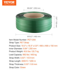 Green PET strapping roll, 0.63 inch wide, 0.03 inch thick, 4000 feet long.
