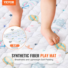 A 59x79 inch soft baby play mat with colorful patterns, showing its 0.4 inch thickness and anti-slip features.