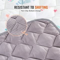 Soft, washable 50"x50" baby play mat with anti-slip dots and breathable fabric for comfort.