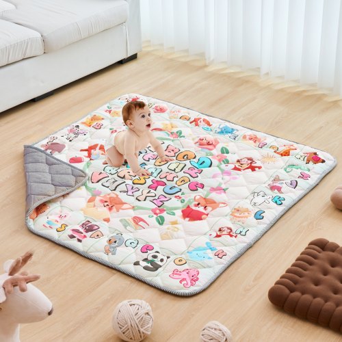 Soft, thickened baby play mat with educational patterns and anti-slip dots for safety.