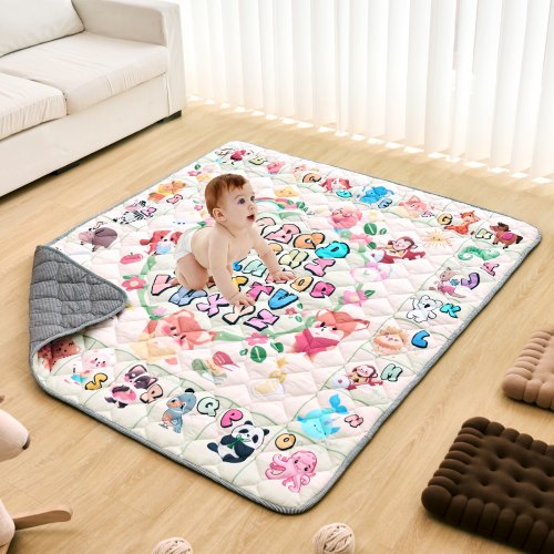 Soft, thickened baby play mat with educational patterns and anti-slip backing for safety.